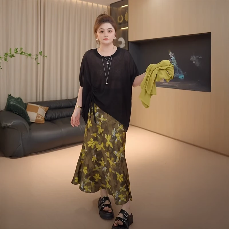 胖佳大码女装气质复古碎花半身裙女夏新款胖mm遮跨百搭雪纺中长裙