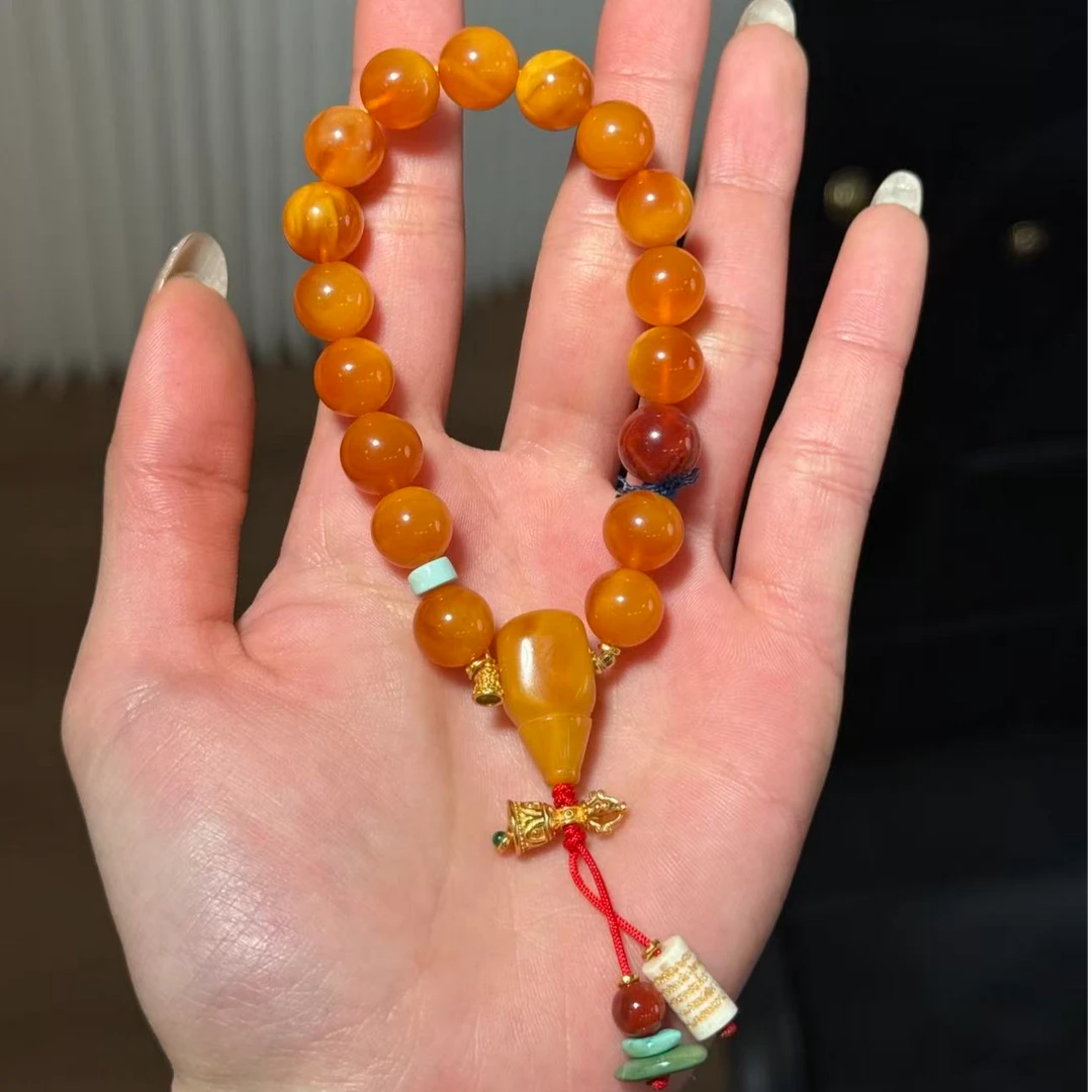 赤焰 天然蜜蜡鸡油红10mm圆珠三通单圈手串