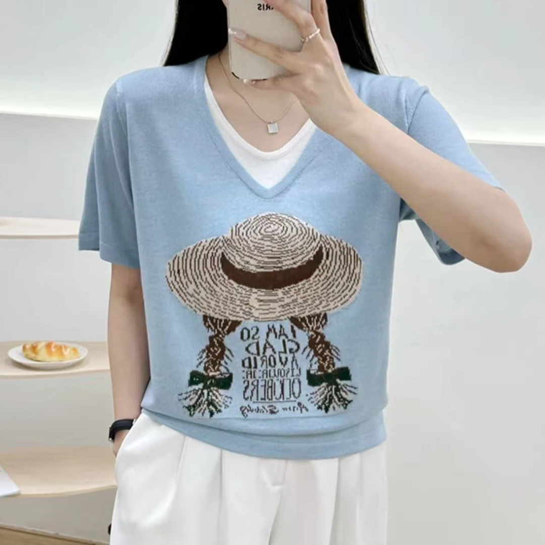 528#假两件短袖针织衫显瘦时尚百搭v领1450