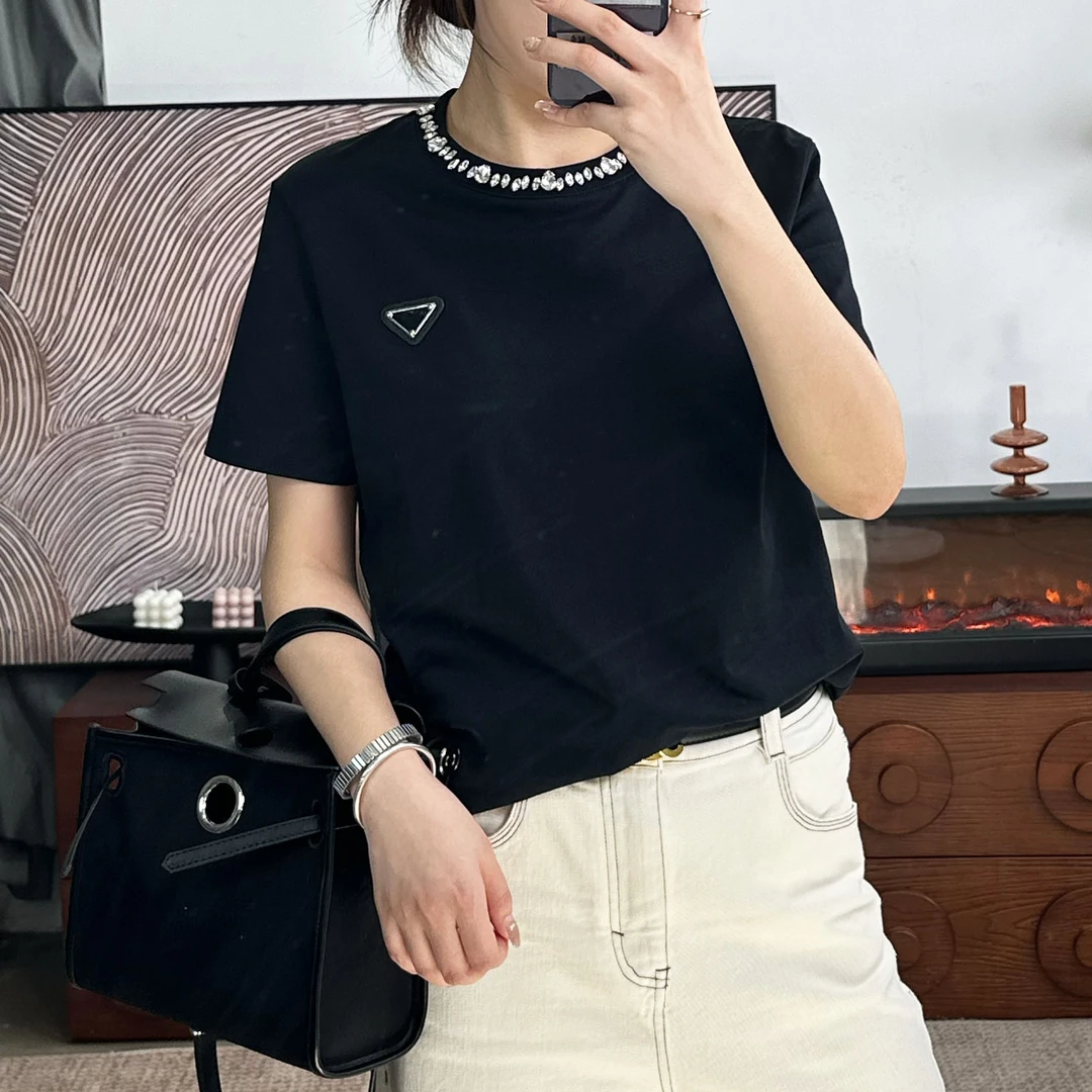丙上丁 圆领简约T恤时尚潮流ins钉钻短袖印花黑色 DZT016