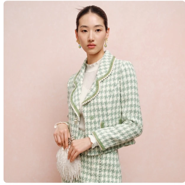 【晨粉专享价】拉珂蒂薄荷绿千鸟格纹羊毛毛呢短款女士外套