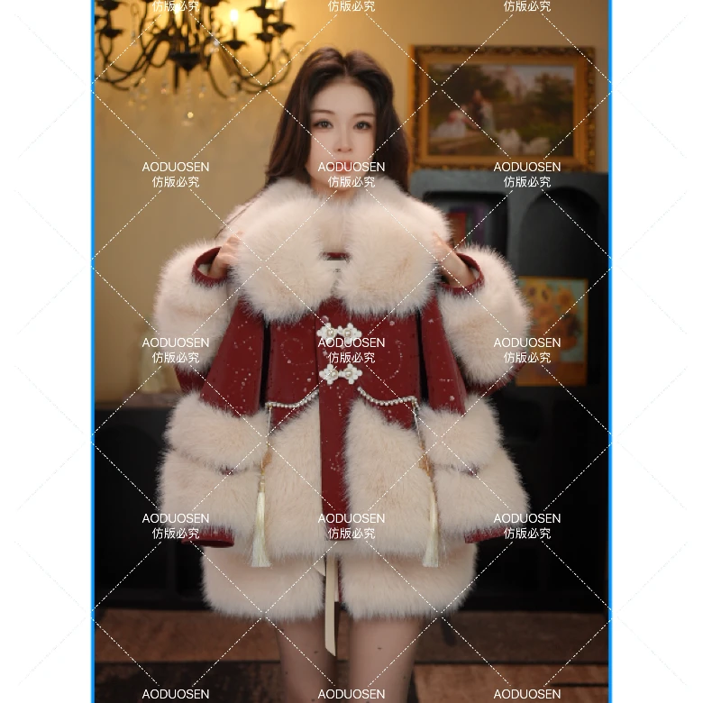 AODUOSEN/奥多森高端定制女童暗红国风小香风皮衣一体毛毛外套