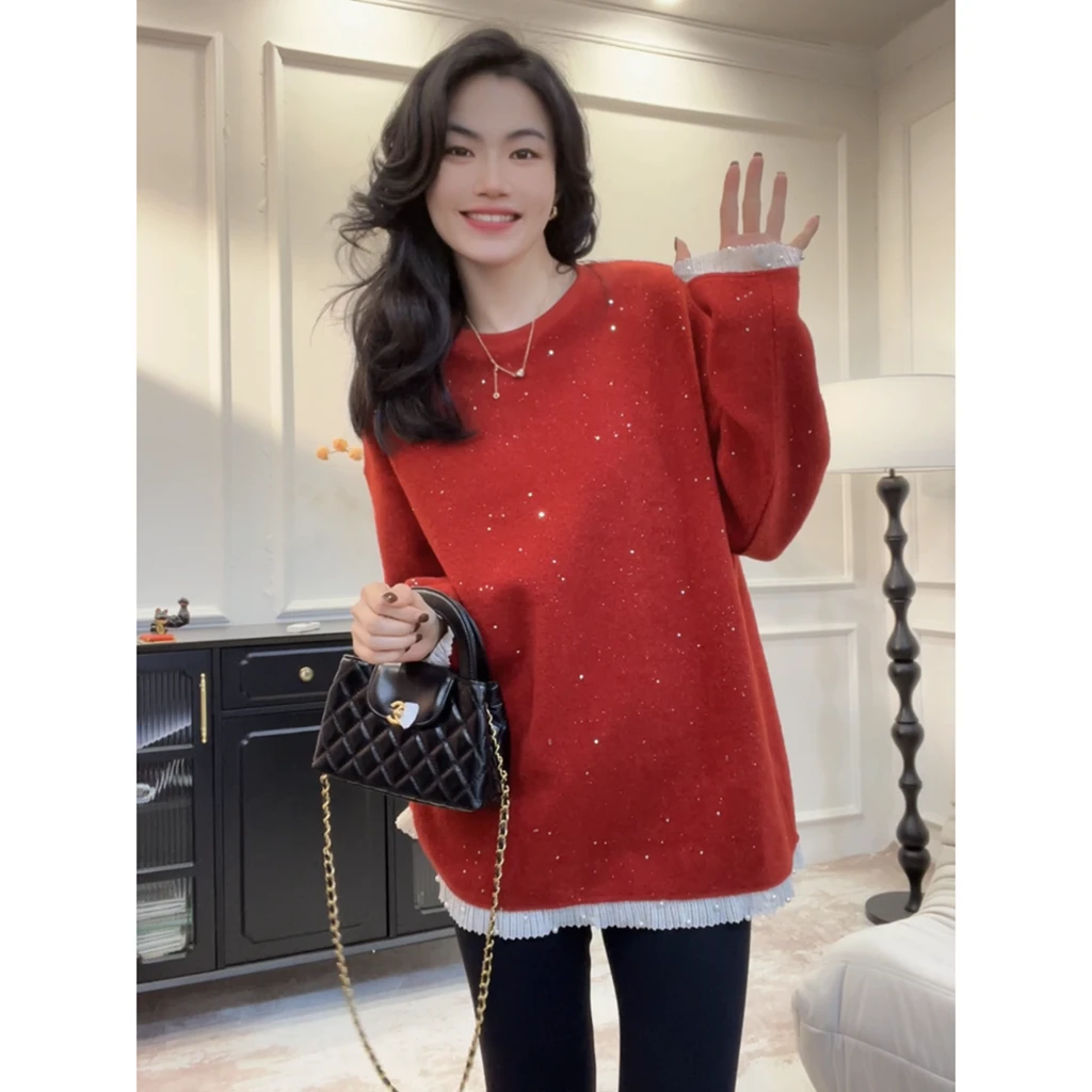 【泡芙】定制面料高级感红色亮片拼接针织加厚卫衣宽松上衣女pp