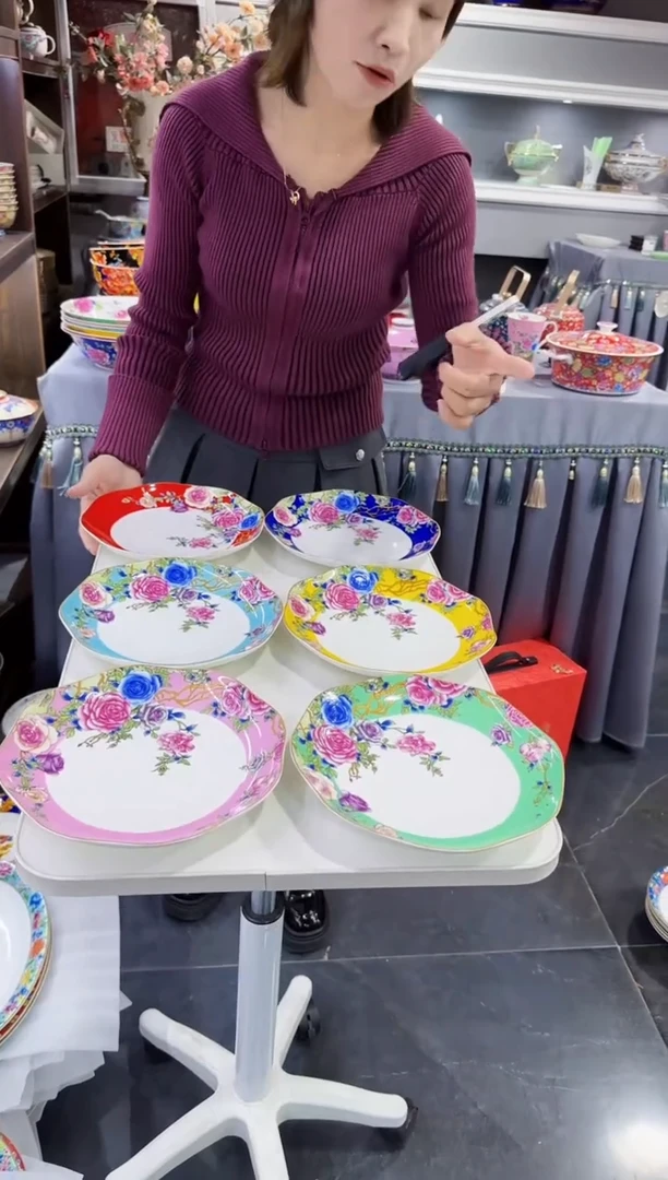 珐琅 8英寸花口圆深盘6个景德镇陶瓷