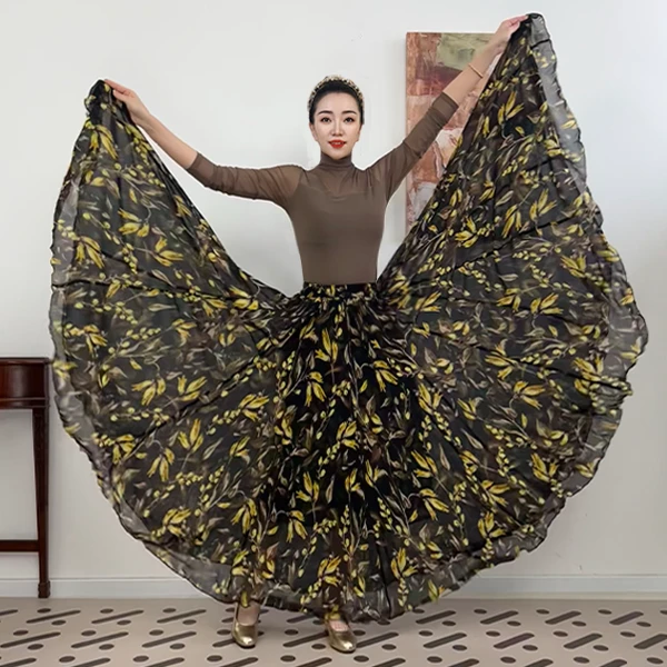 A《飘香系列》印花雪纺满铺花时尚百搭全松紧腰大摆半身裙带衬裙