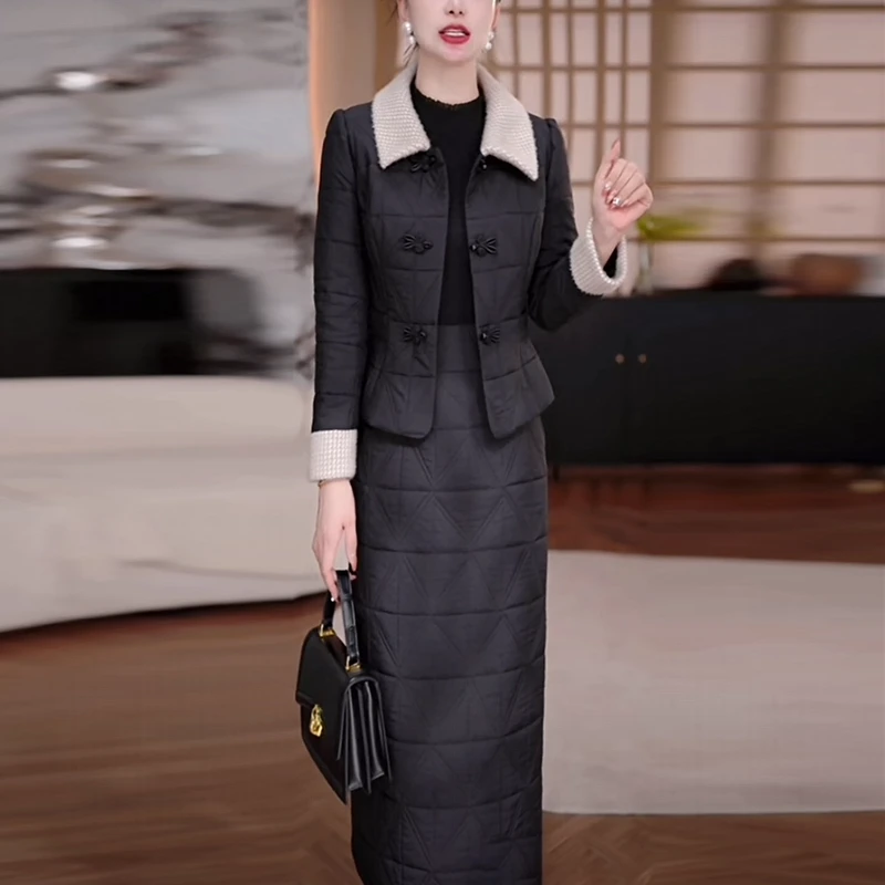 蓄热棉气质新中式裙套装2025秋冬新款夹棉加厚保暖显瘦外套连衣裙