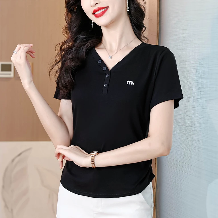 莫代尔短袖T恤女夏季2025年新款时尚V领刺绣小衫修身显瘦短款上衣