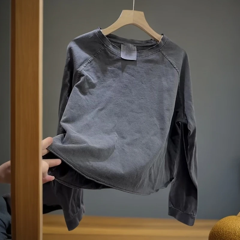 【现货】韩版冷淡系深灰色圆领长袖套头上衣新款显瘦百搭通勤上衣女