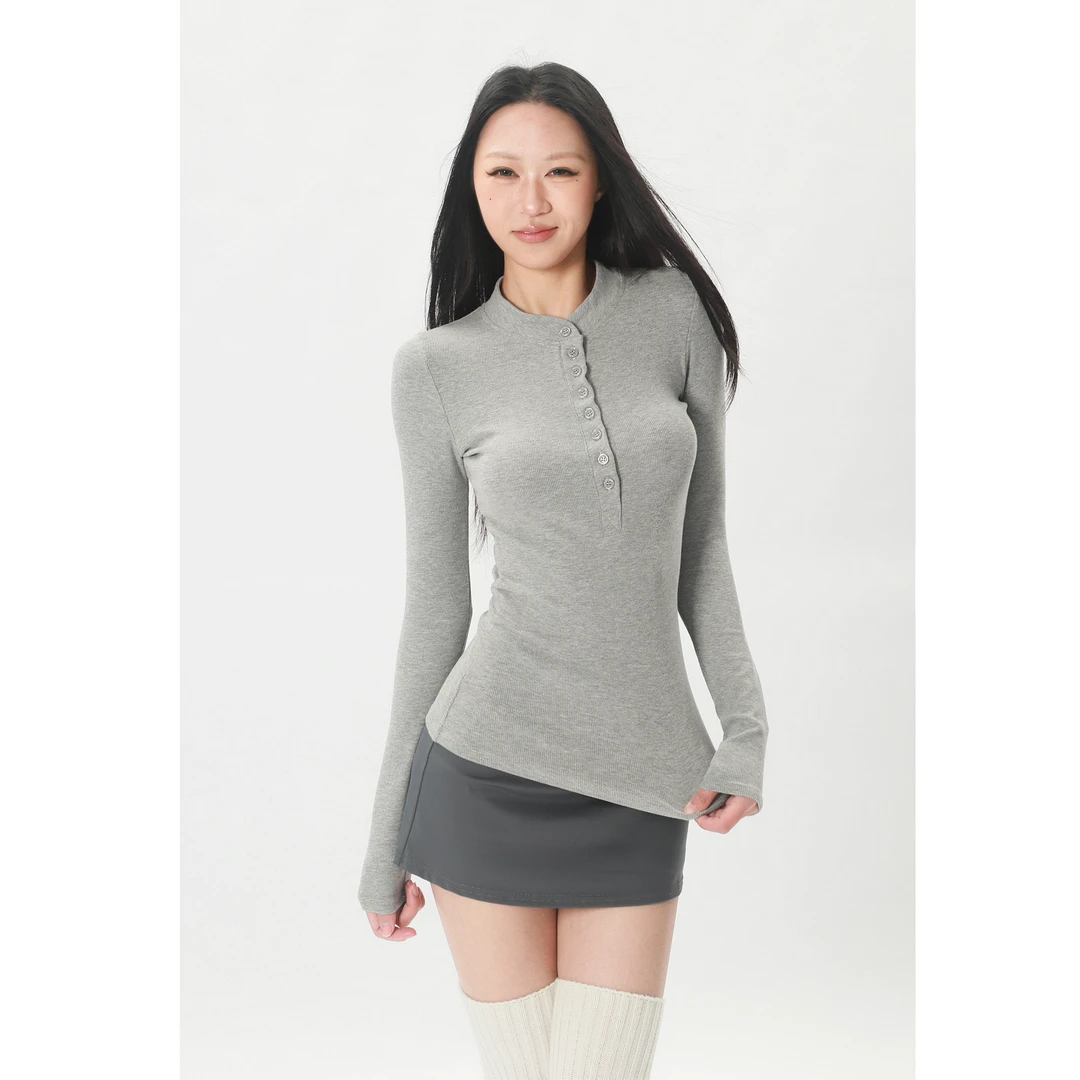 2025秋冬辣妹大克重松弛亨利衫系扣螺纹长袖T修身打底衫上衣女潮
