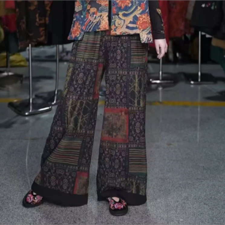 高品质外贸乱花民族风棉麻显瘦时尚透气大码阔腿裤TZly1