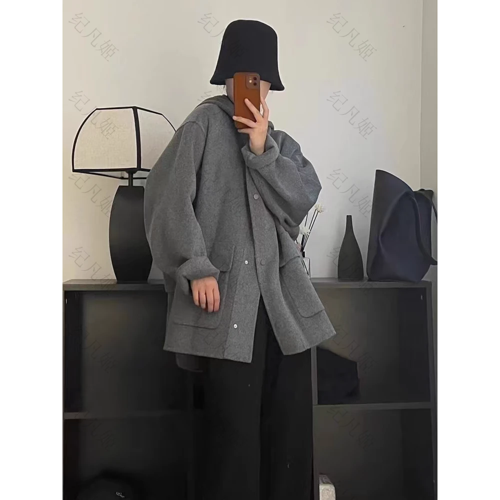 纪凡姬/3997-休闲学院风洋气双面呢连帽大衣外套女