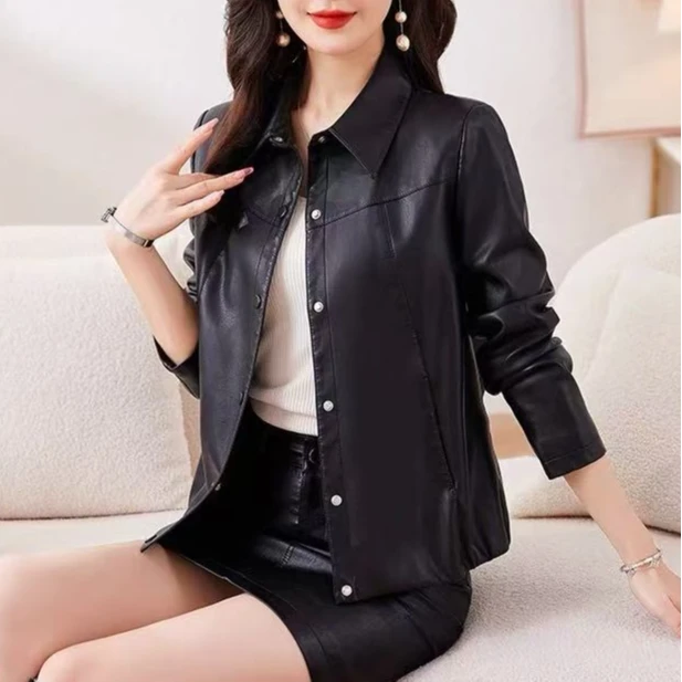 【小欧皮衣】时尚百搭翻领皮衣短外套