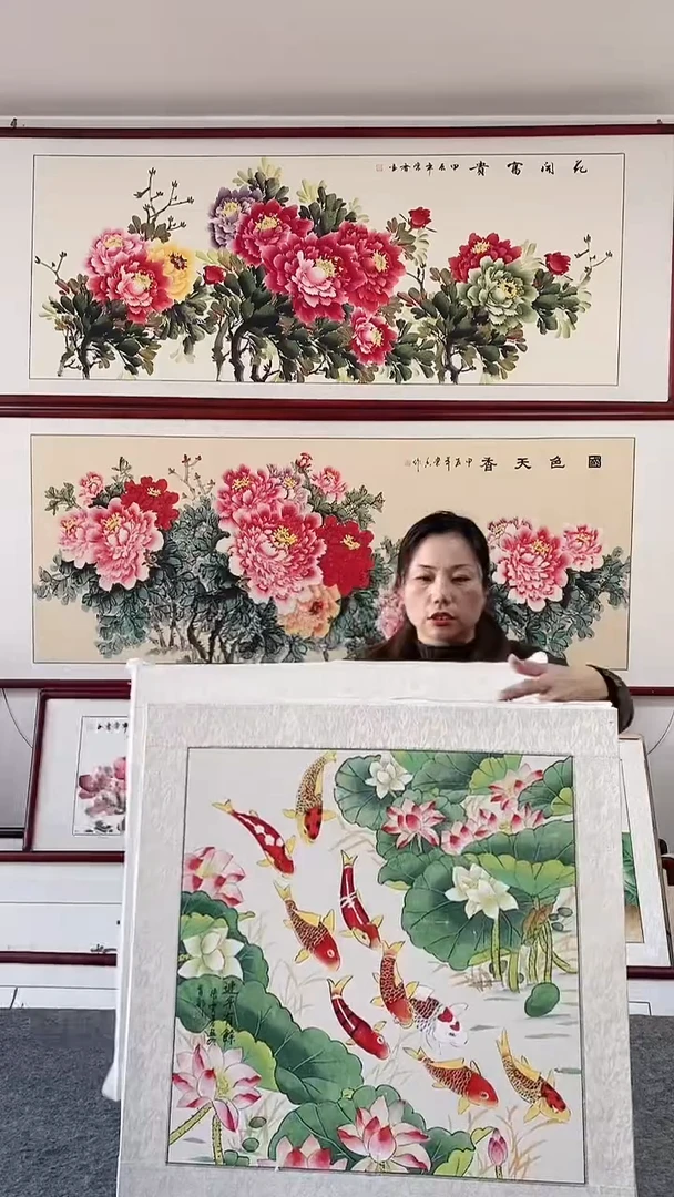 国画纯手绘国画65*65带框装饰挂画