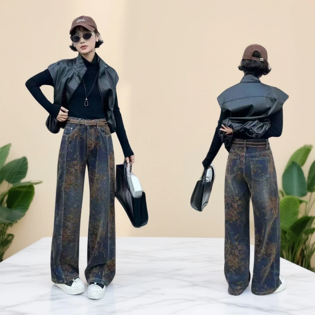 复古做旧提花阔腿牛仔裤休闲裤子阔腿裤高腰洋气百搭显瘦直筒长裤