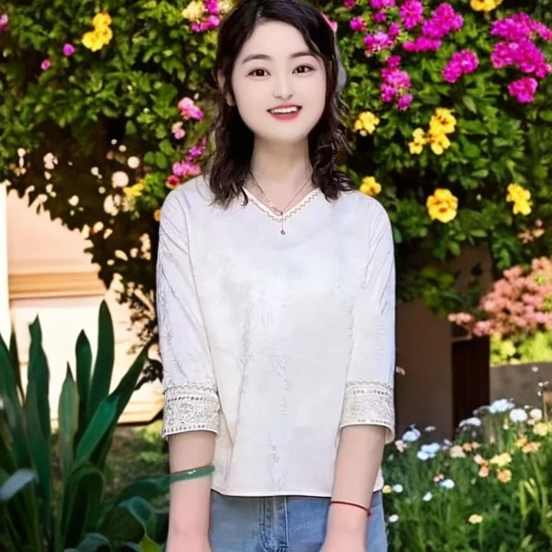 2025新中式提花V领【七分袖茶服】宽松中袖显瘦国风衬衣女款