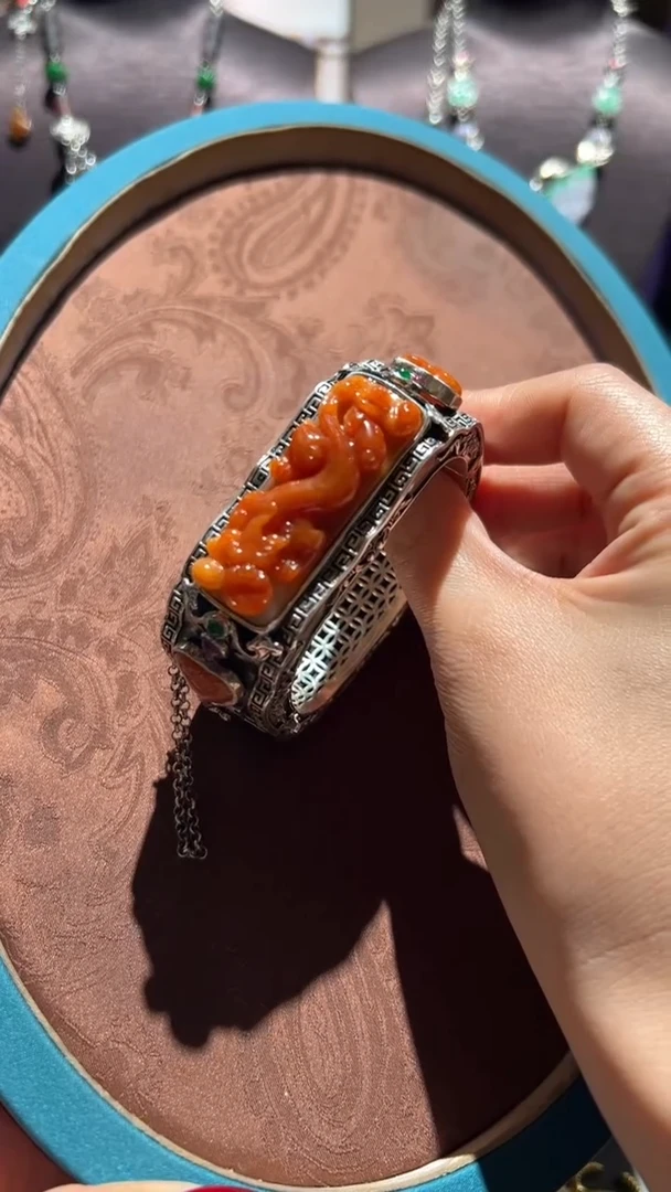 【闪购商品】翡翠手镯银S925镶嵌红翡绿翠 22号