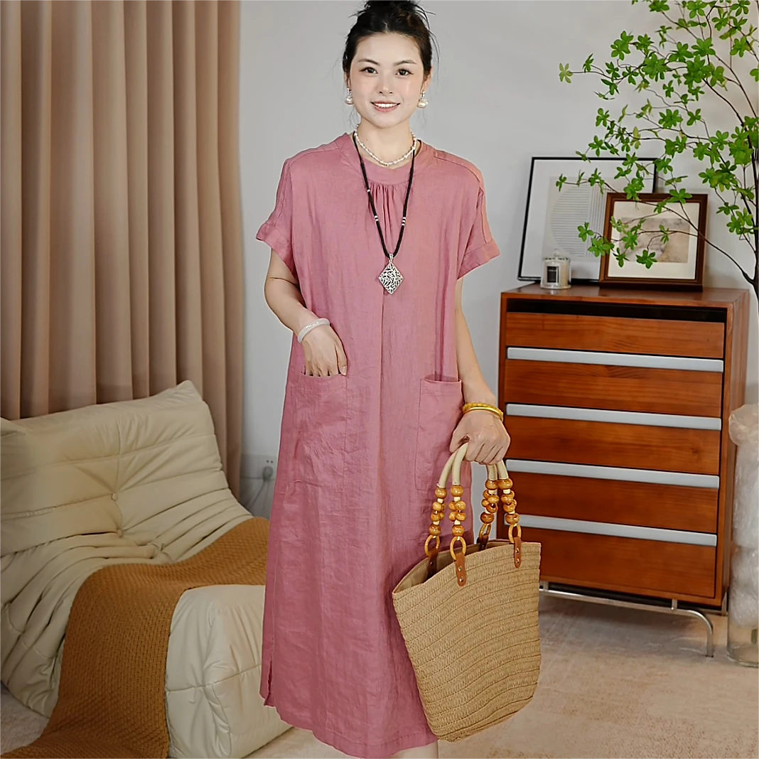 918新100%亚麻文艺复古圆领宽松大码连衣裙甜美清凉过膝薄裙遮肉