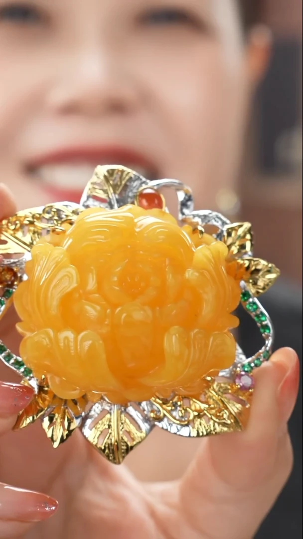 琥珀吊坠(不含链)未镶嵌精品牡丹吊坠