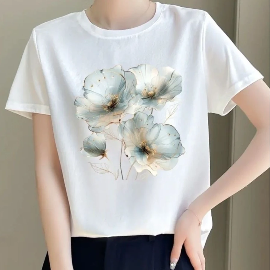 （NG-04） 2025新款显瘦修身休闲前丝后棉AB面缎面印花短袖