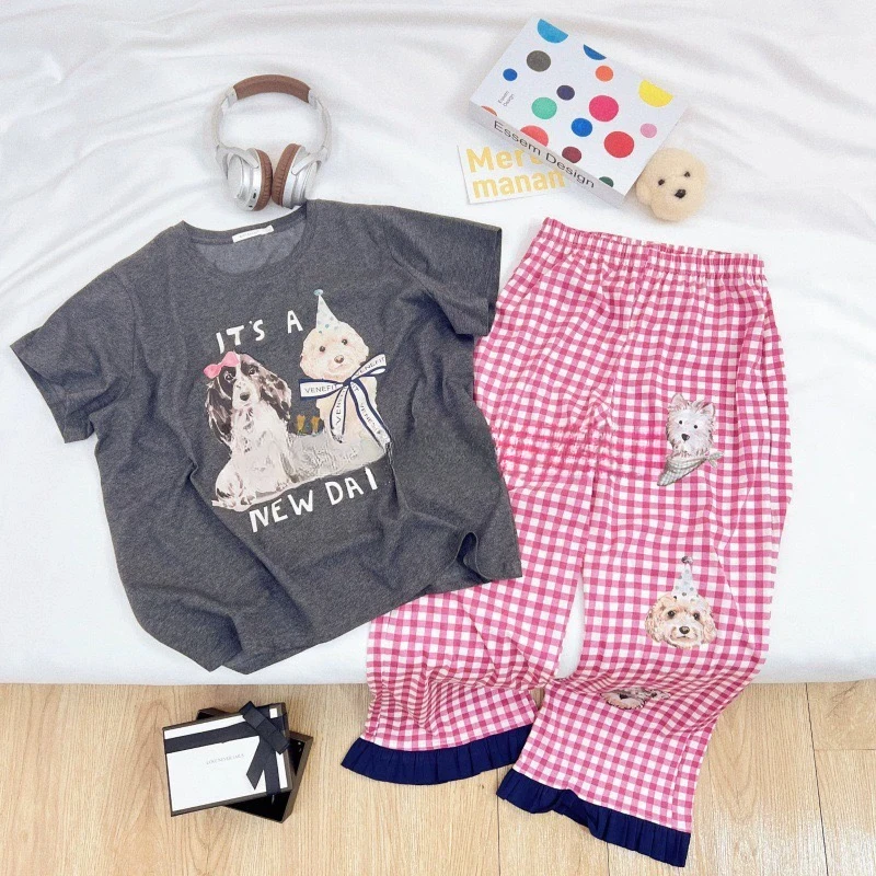 夏季女新款家居服套装卡通格子小狗印花短袖长裤睡衣两件套可外穿