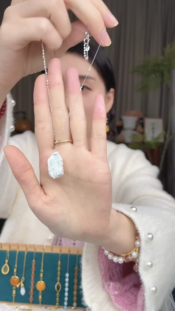 项链银S925镶嵌淡水珍珠方巴珍珠项链