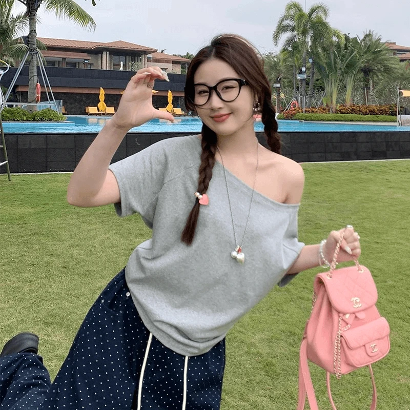 显瘦辣妹纯棉一字领短袖女夏季高级感露肩打底衫宽松时尚甜美T恤