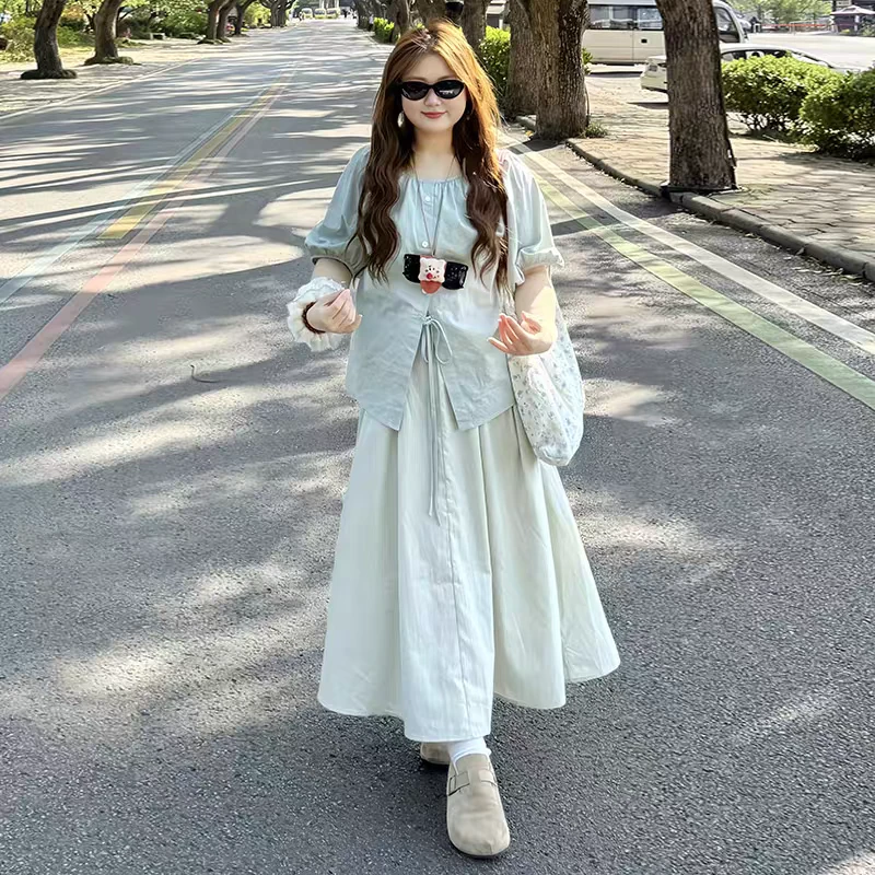 大码泡泡袖衬衫高腰半身裙两件套女夏季新款搭配一整套装25296