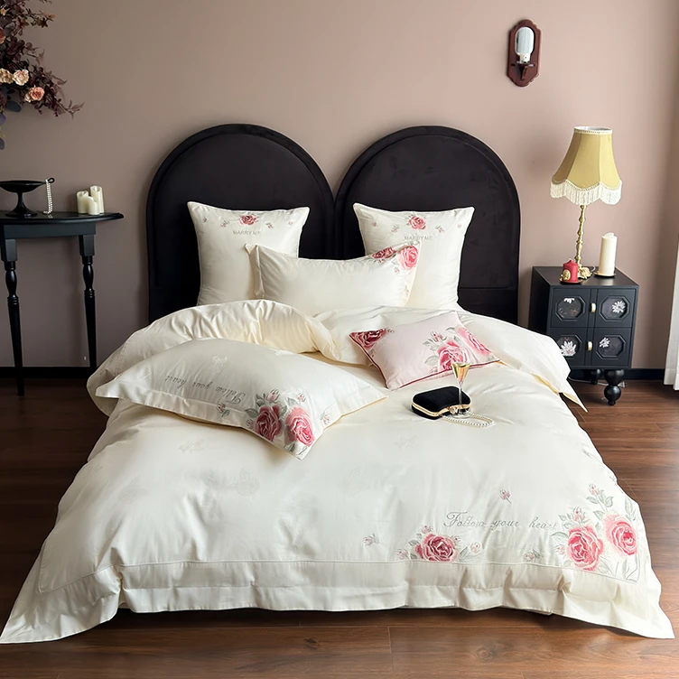 左柚家丨玫瑰故事  轻奢高档美式绣花全棉长绒棉四件套亲肤柔软
