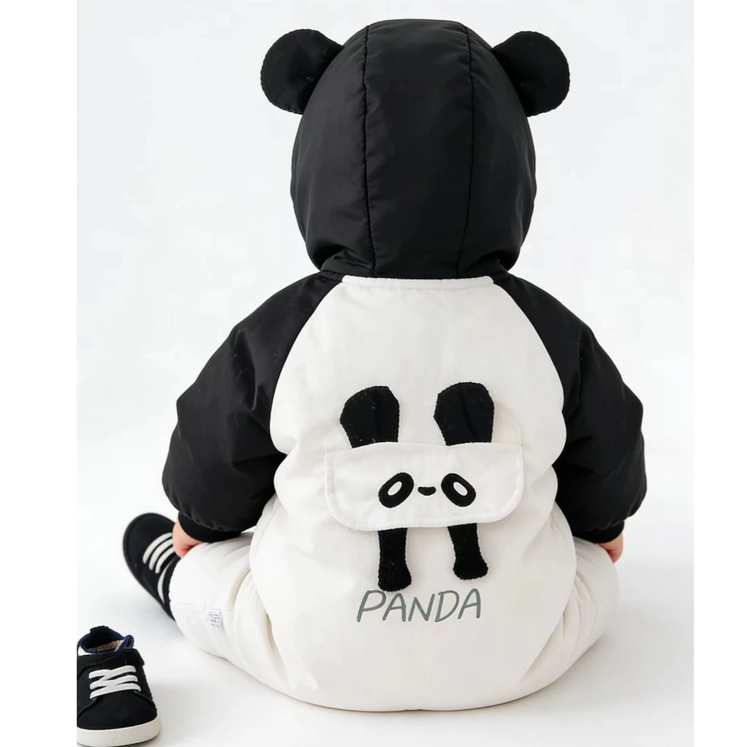 MR冬款小熊猫哈衣婴幼儿连帽拉链插肩可爱熊耳爬服男女宝宝连体衣