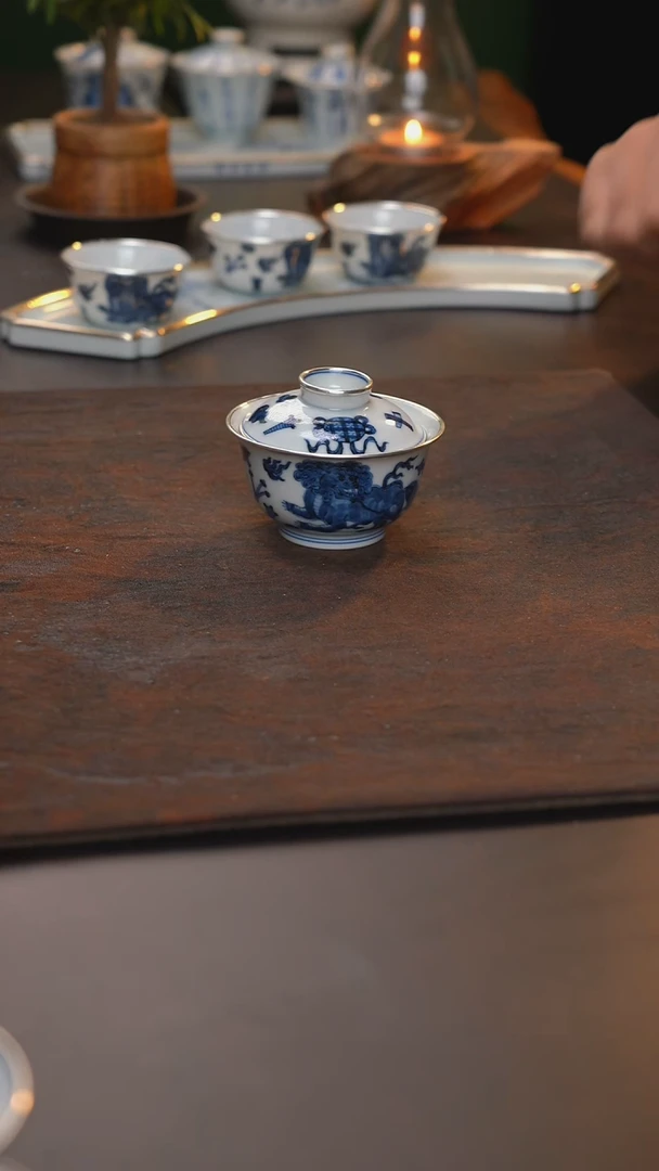 手绘狮子盖碗三包银口