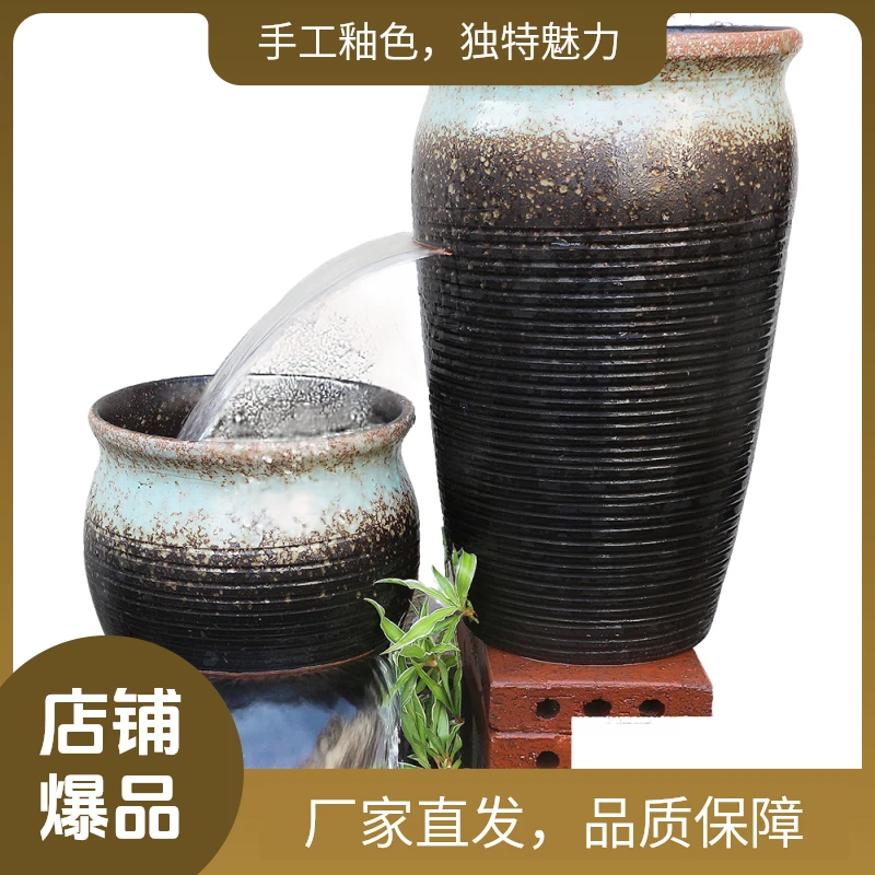 古法养鱼庭院生态水缸增氧鱼缸流水摆件桌面水景流水摆件循环水