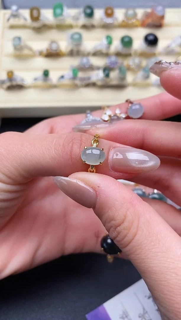 【闪购商品】翡翠戒指银S925镶嵌缅甸天然A货翡翠111   7-5