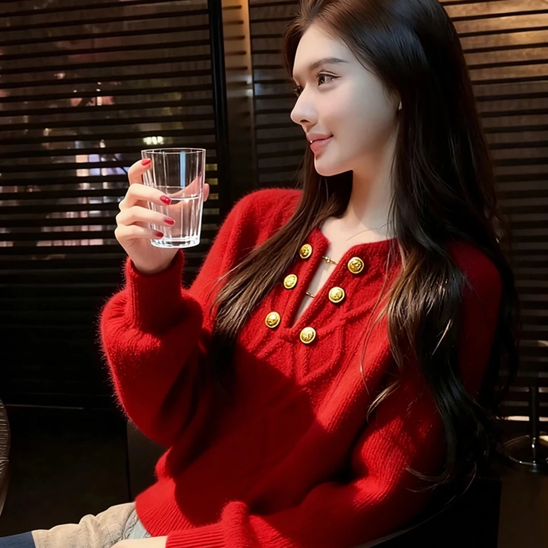 Z425红色毛衣女冬高端设计感独特漂亮巨好看减龄气质加厚针织上衣
