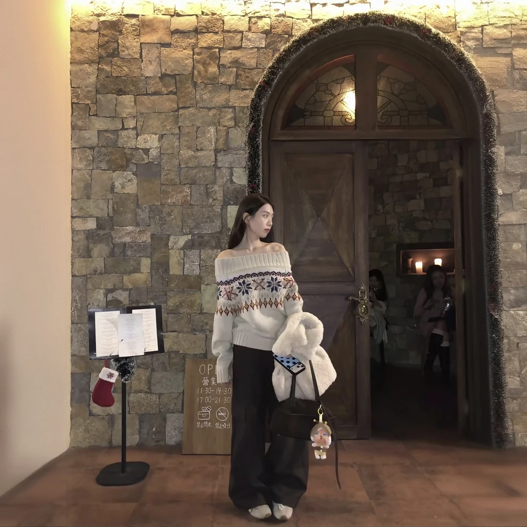 2026秋冬新款韩系气质复古费尔岛一字肩毛衣百搭显瘦阔腿裤两件套