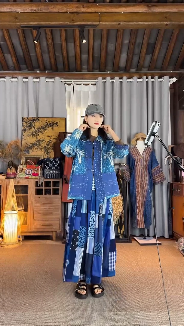 会****姐设计师款蓝染椰子树夹克外套