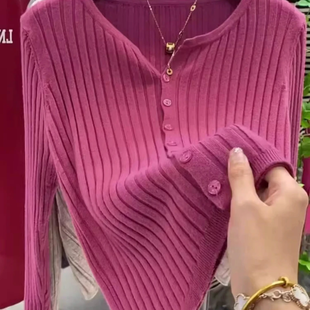 玫红色坑条针织开衫女早秋2025新款外穿显瘦软糯洋气小众长袖上衣