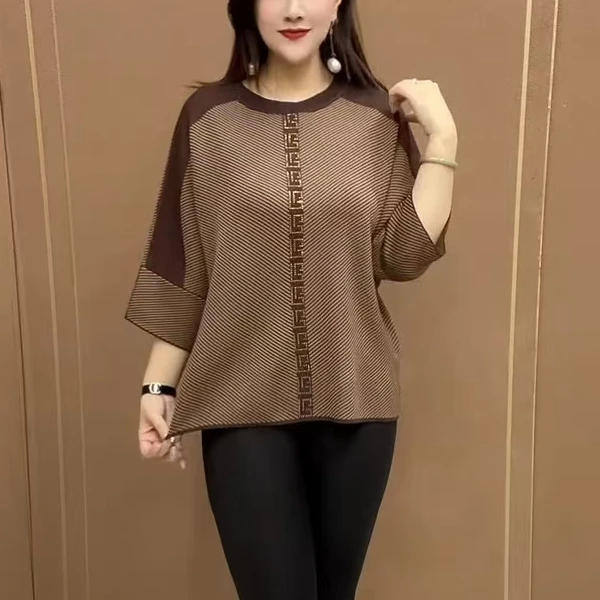 2025新款宽松休闲妈妈装春款百搭烫钻大码七分袖中老年针织小衫