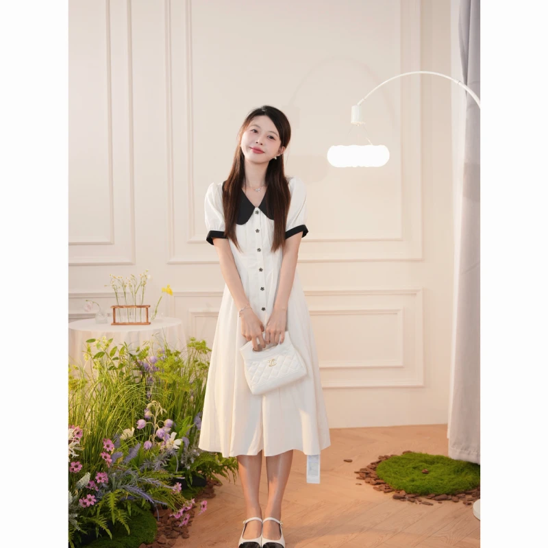 【ZBT直播间】蝴蝶领气质显瘦拼接山茶花纽扣收腰气质连衣裙DY00025