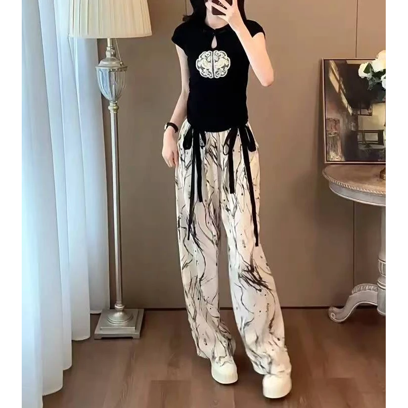 国风休闲套装夏季纯棉T恤短款上衣水墨烟花飘带阔腿裤长裤两件套