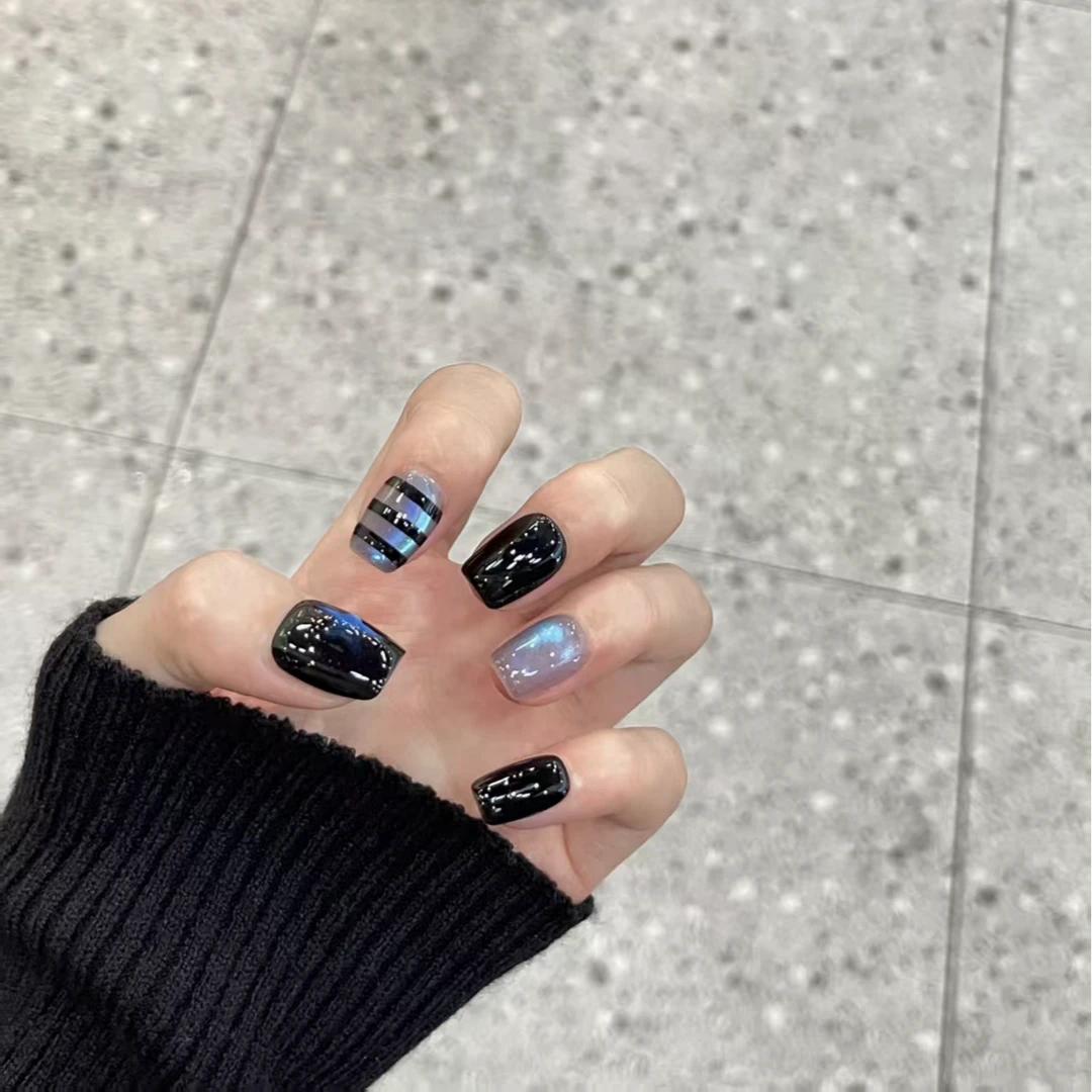 显白秋冬短款【灰蓝星格】纯手工穿戴甲美甲（送工具包）高级感新款