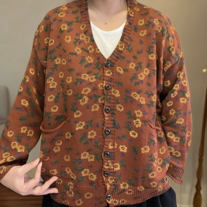 棉~(小花朵 开衫)女款宽松针织衫