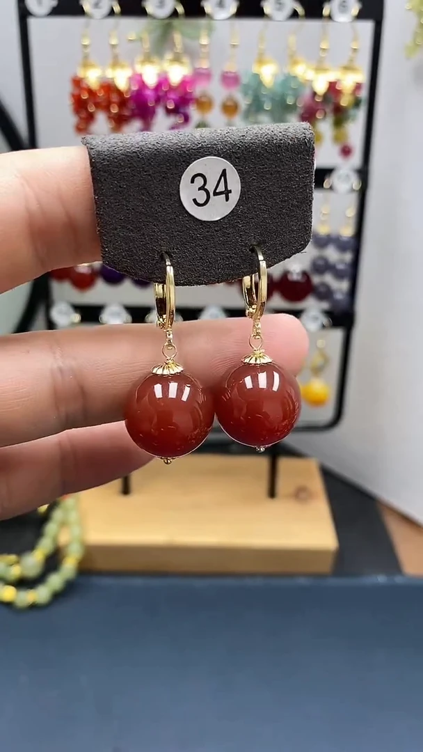 南红玛瑙银S925镀金镶嵌耳饰尺寸16mm耳扣06