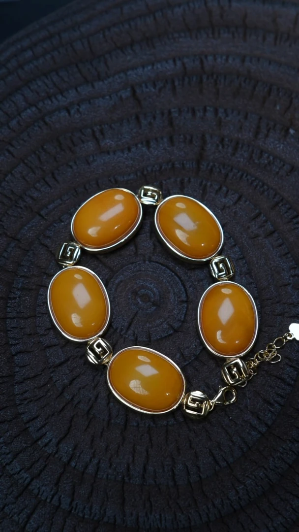 银S925镶嵌蜜蜡手镯老蜡蛋面手链