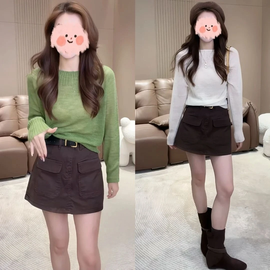 早秋新款纯色百搭高级时尚长袖毛衫上衣复古显瘦气质工装裙裤套装