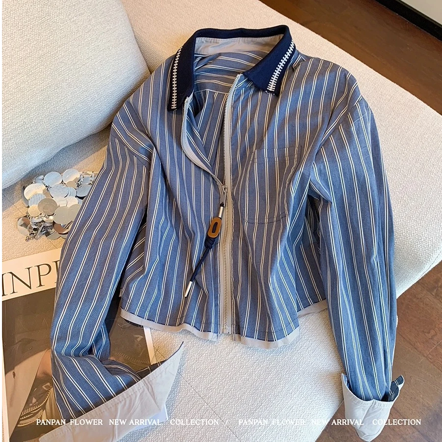 2025早秋气质小众设计感蓝色条纹长袖衬衫女气质显瘦休闲翻领上衣