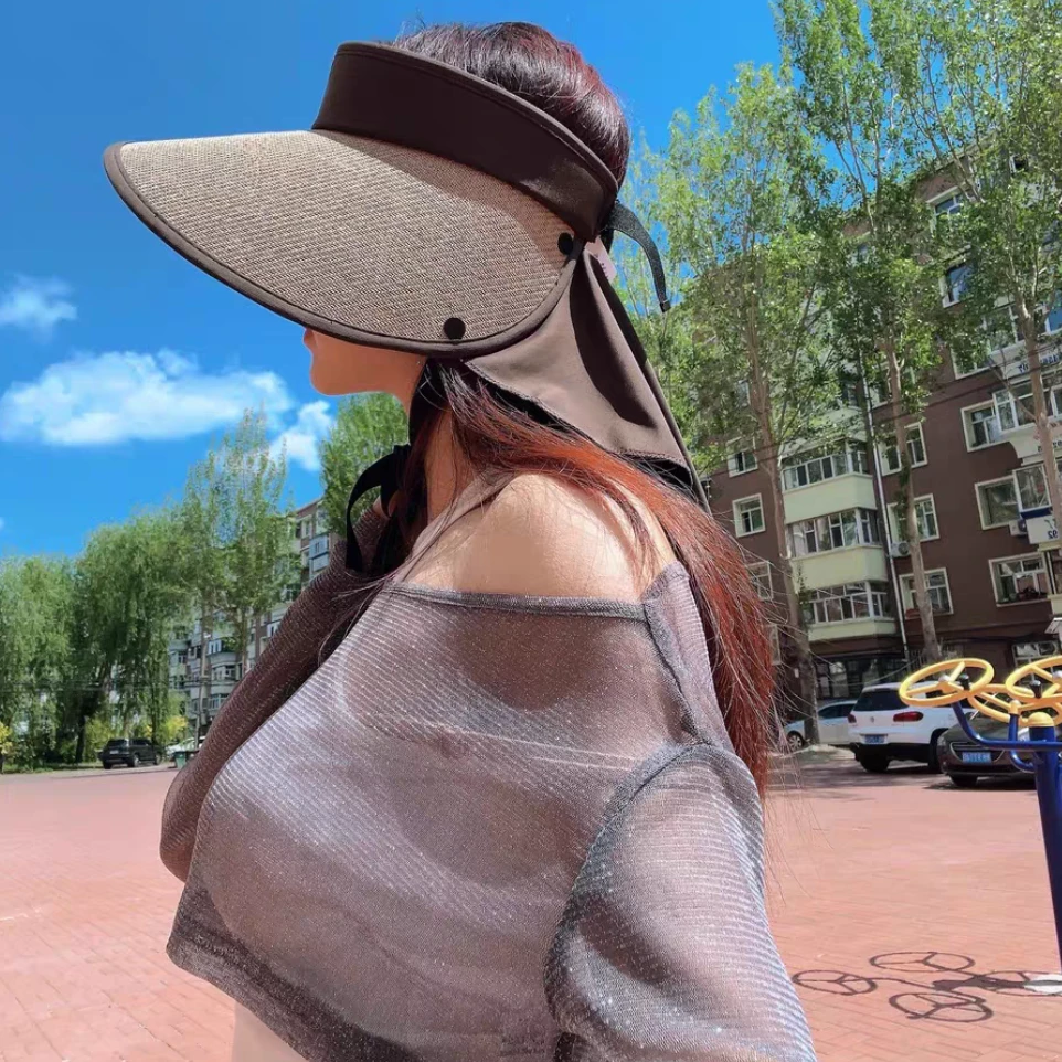 2025新款加大帽檐防晒空顶帽女草编遮阳帽骑车防风太阳帽披肩系带