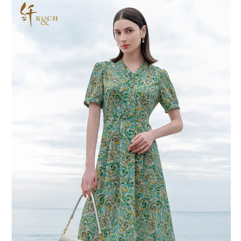 K&CH纤油画风碎花裙显气质青岛海滨北海银滩打卡裙子8462S153E1