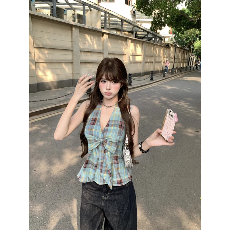 蝴蝶结格纹美背挂脖吊带背心女夏季修身收腰无袖外穿显瘦辣妹上衣