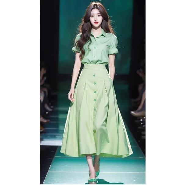 （）一整套韩系绿色衬衫套装裙女今年流行漂亮温柔系炸街奶乖