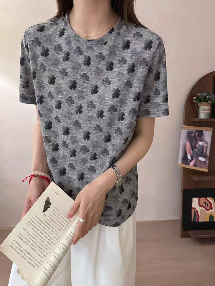 小白姐姐【满印花朵】休闲百搭短袖T恤女夏季小众宽松显瘦正肩上衣